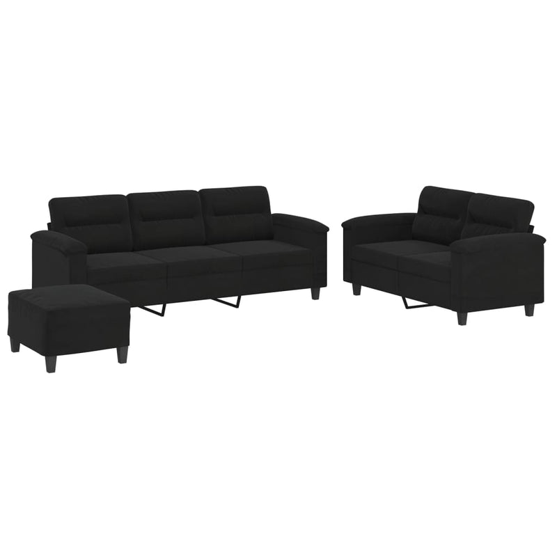 Set de canapele cu perne, 3 piese, negru, microfibră