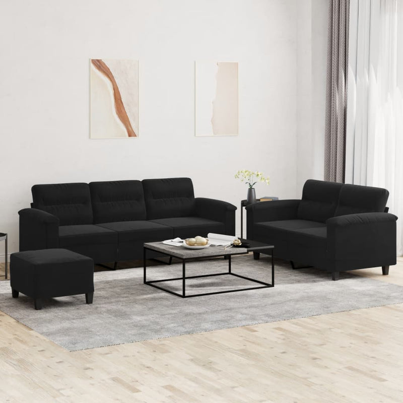 Set de canapele cu perne, 3 piese, negru, microfibră