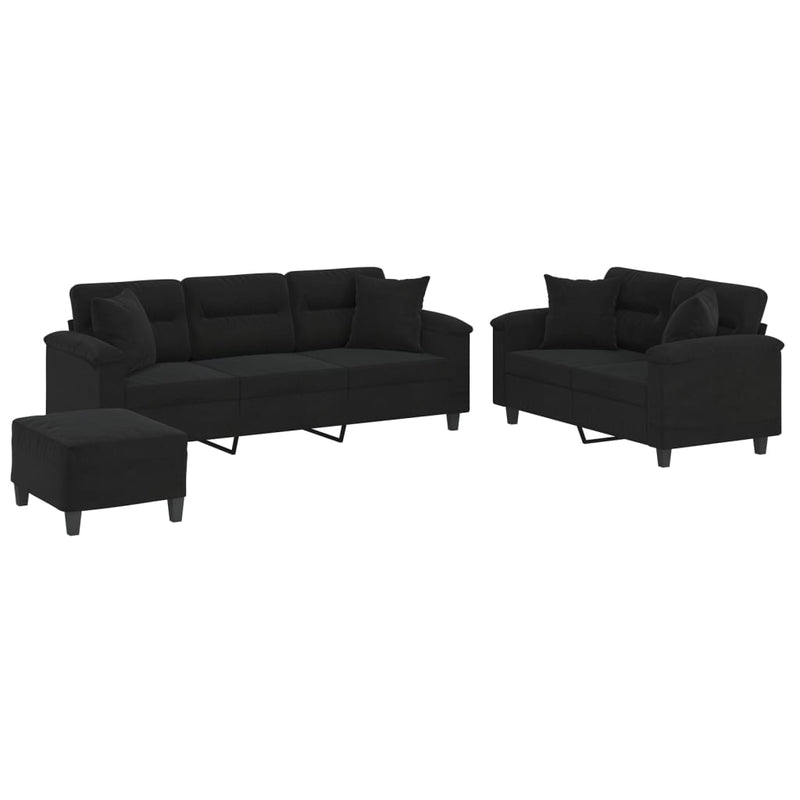 Set de canapele cu perne, 3 piese, negru, microfibră