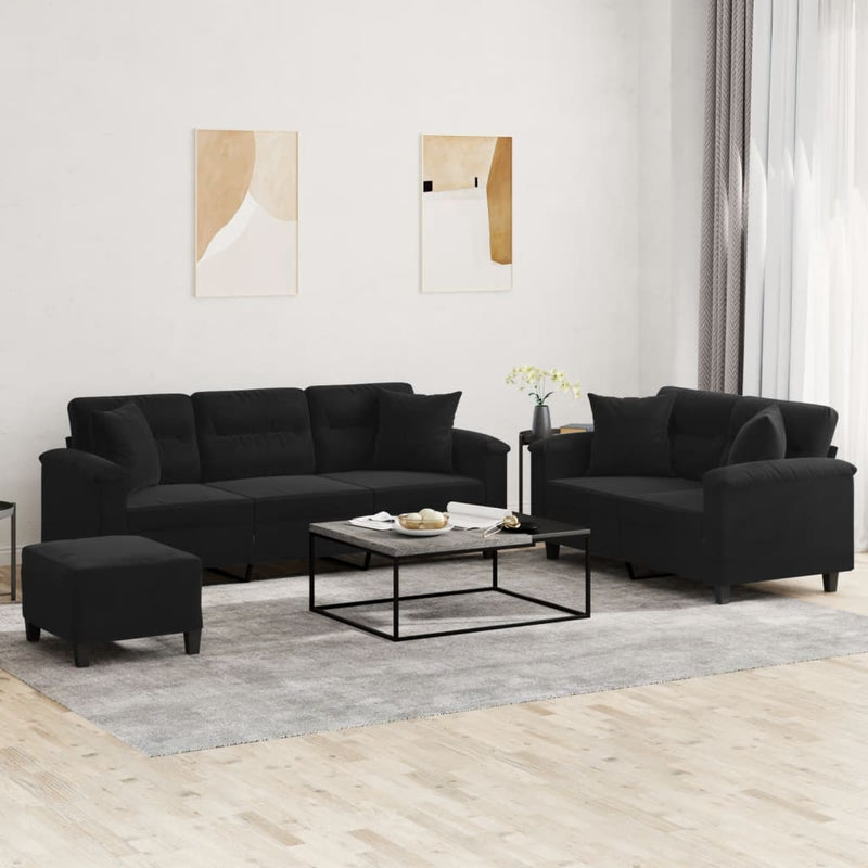 Set de canapele cu perne, 3 piese, negru, microfibră