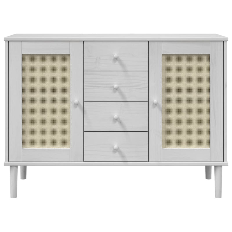 Servantă SENJA, aspect ratan alb, 112x40x80 cm, lemn masiv pin