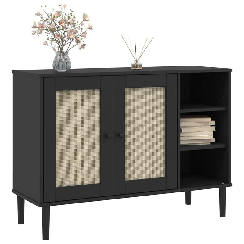 Servantă SENJA, aspect ratan negru, 112x40x80cm, lemn masiv pin