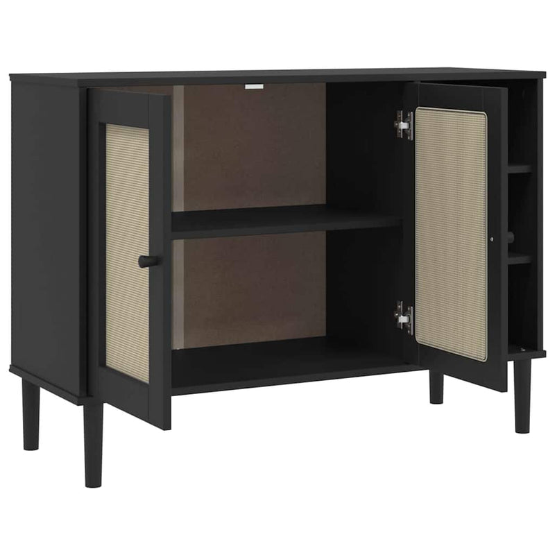 Servantă SENJA, aspect ratan negru, 112x40x80cm, lemn masiv pin