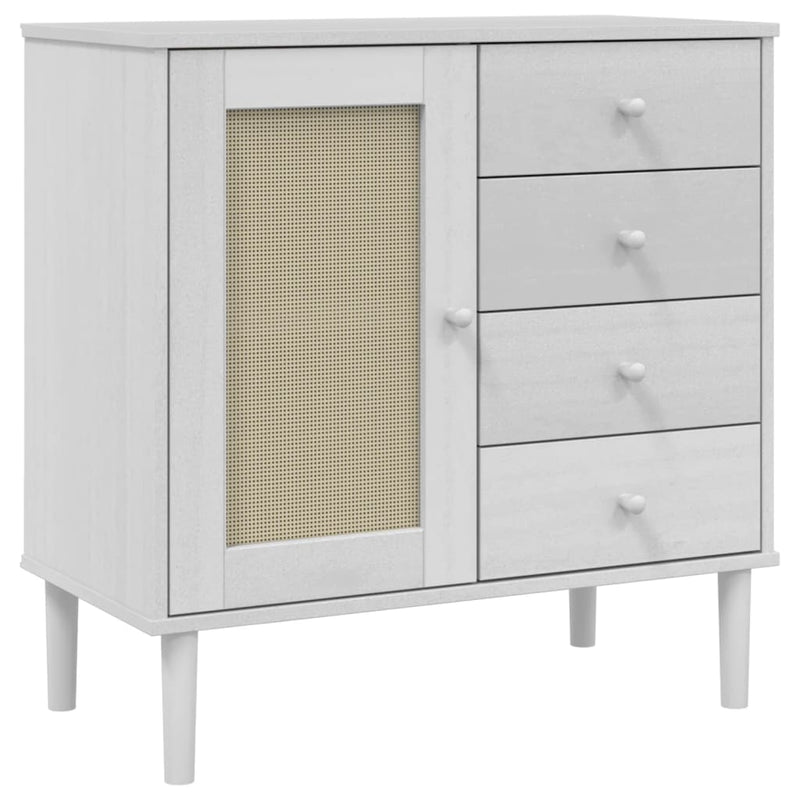 Servantă SENJA, aspect ratan alb, 80x40x80 cm, lemn masiv pin
