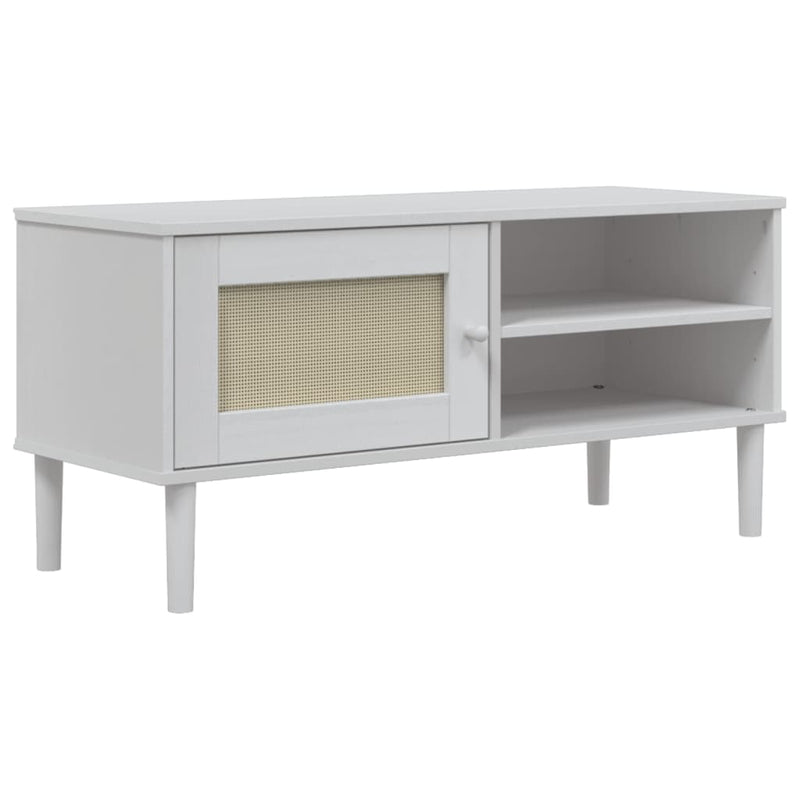 Comodă TV SENJA aspect ratan alb, 106x40x49 cm, lemn masiv pin