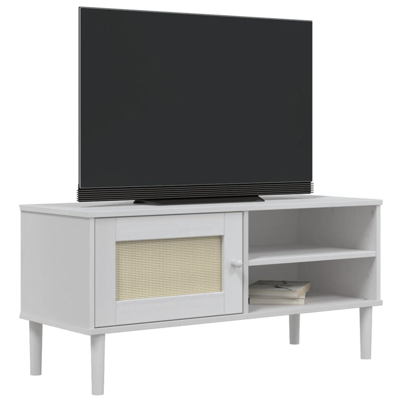 Comodă TV SENJA aspect ratan alb, 106x40x49 cm, lemn masiv pin