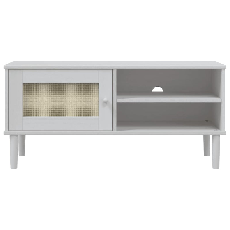 Comodă TV SENJA aspect ratan alb, 106x40x49 cm, lemn masiv pin