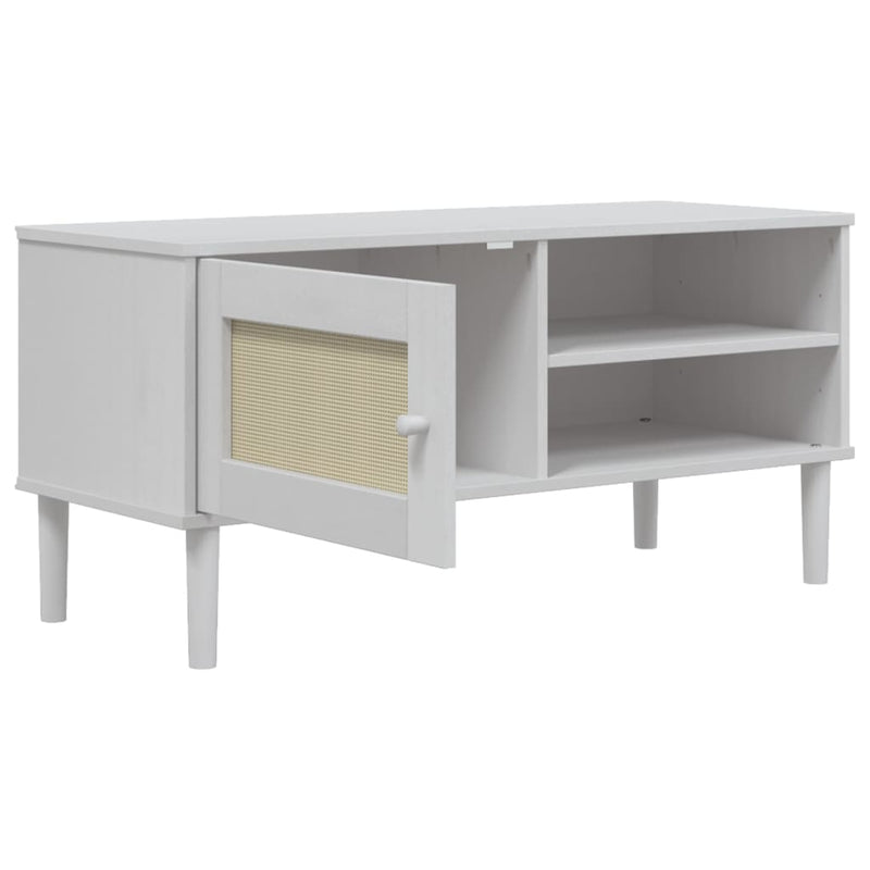 Comodă TV SENJA aspect ratan alb, 106x40x49 cm, lemn masiv pin