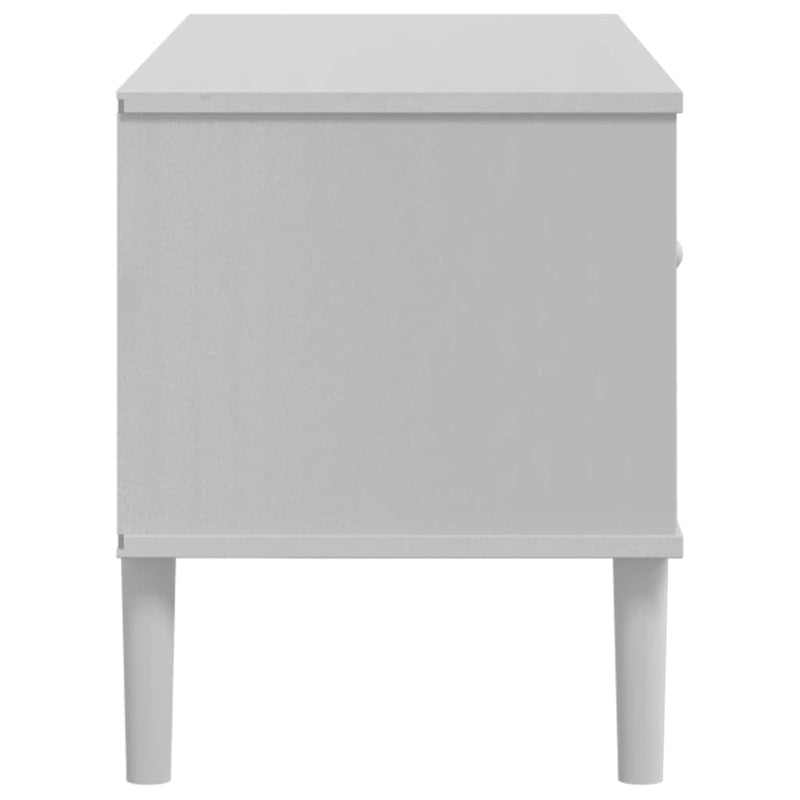 Comodă TV SENJA aspect ratan alb, 106x40x49 cm, lemn masiv pin