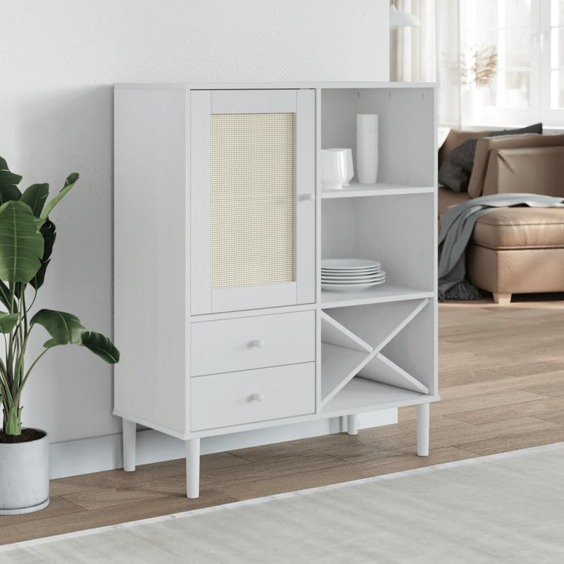 Dulap înalt SENJA aspect ratan alb, 90x40x112cm, lemn masiv pin