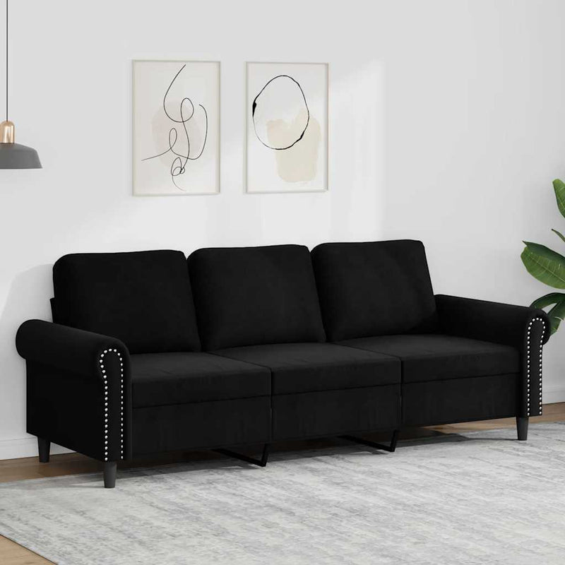 Canapea cu 3 locuri, Negru, 180 cm, catifea