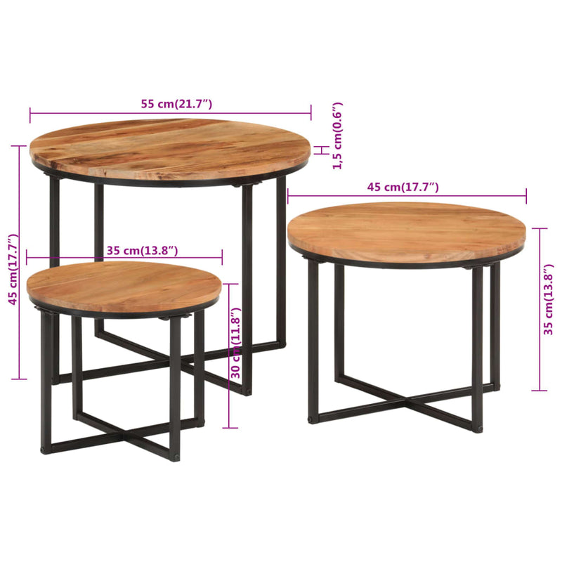 Măsuțe de cafea suprapuse, 3 buc., lemn masiv de acacia/fier