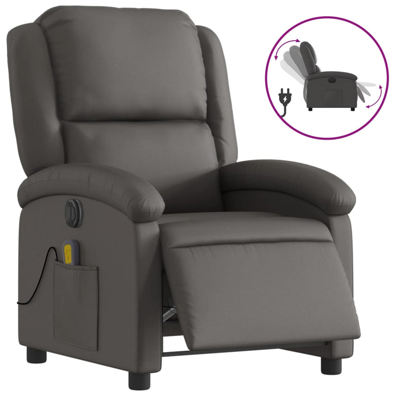 Fotoliu rabatabil electric, gri, piele naturală
