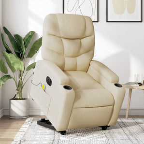 Fotoliu electric de masaj rabatabil cu ridicare, crem, textil