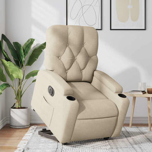 Fotoliu electric rabatabil cu ridicare, crem, textil