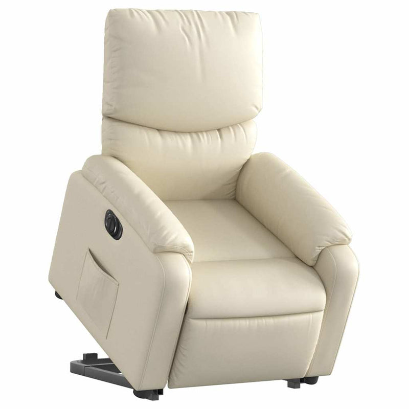 Fotoliu rabatabil electric cu ridicare, crem, piele ecologică