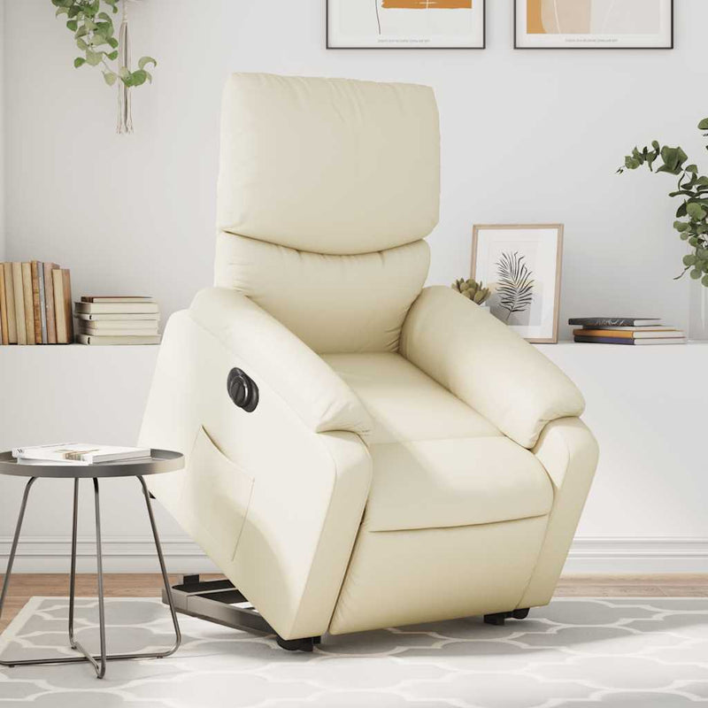 Fotoliu rabatabil electric cu ridicare, crem, piele ecologică