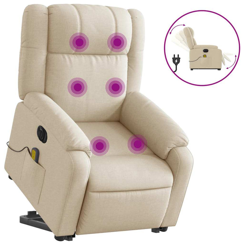 Fotoliu electric de masaj rabatabil cu ridicare, crem, textil