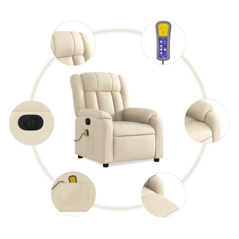 Fotoliu electric de masaj rabatabil, crem, textil