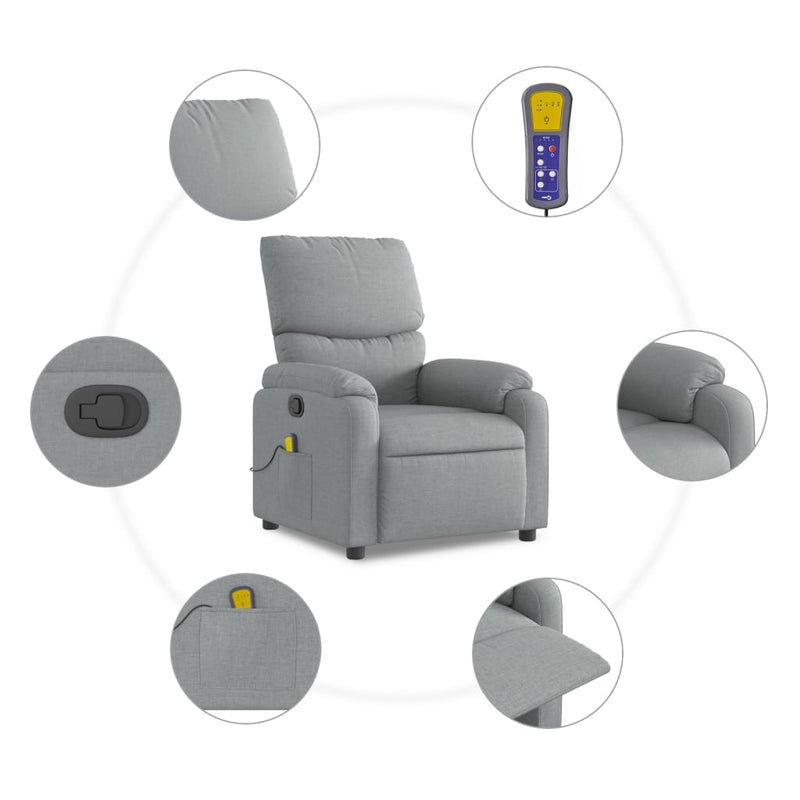 Fotoliu reclinabil cu masaj, gri deschis, material textil