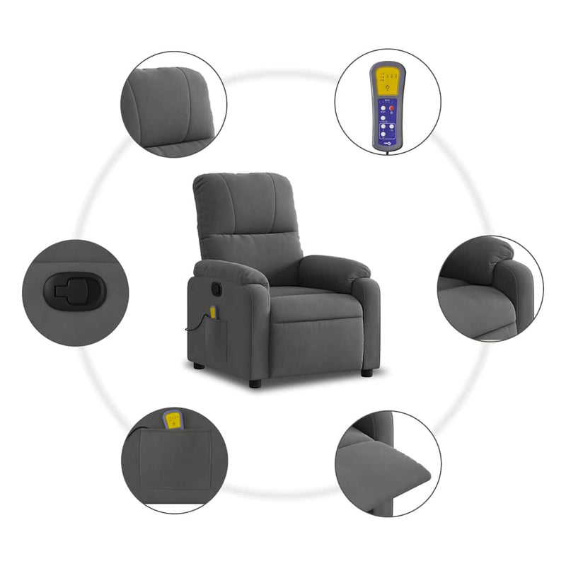 Fotoliu reclinabil cu masaj, gri închis, material microfibră