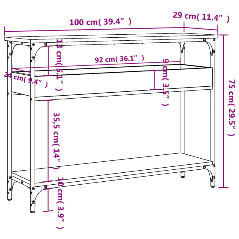 Masă consolă cu raft, stejar Sonoma, 100x29x75cm, lemn stratificat