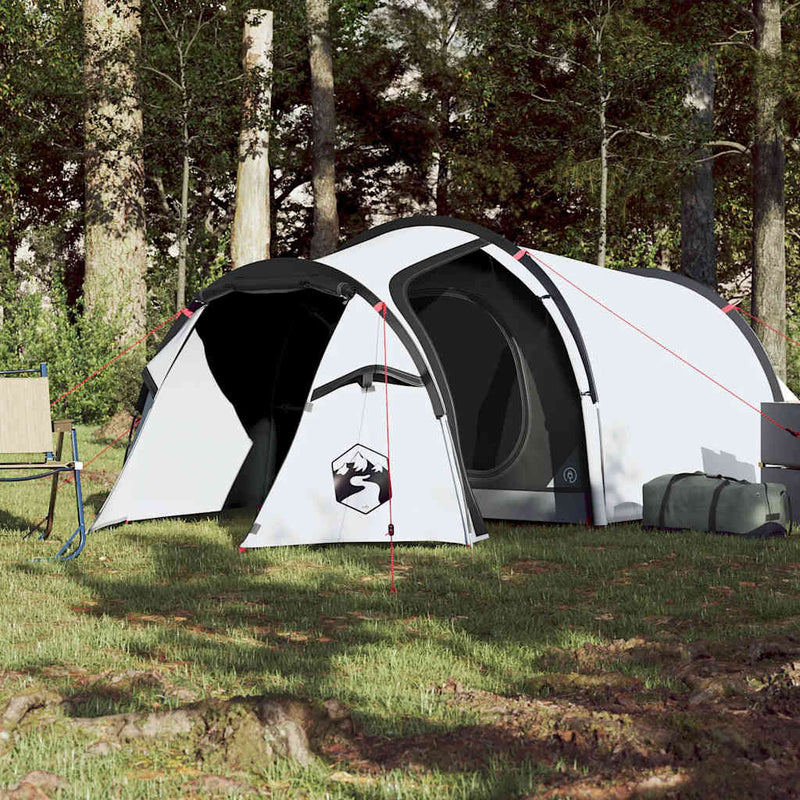 Cort camping tunel 2 persoane, alb, țesătură opacă, impermeabil