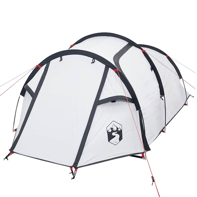 Cort camping tunel 2 persoane, alb, țesătură opacă, impermeabil