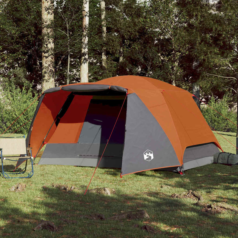 Cort de camping cu verandă 4 persoane, gri și portocaliu, impermeabil