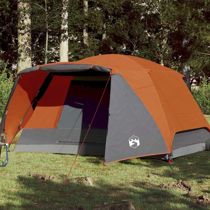 Cort de camping cu verandă 4 persoane, gri și portocaliu, impermeabil
