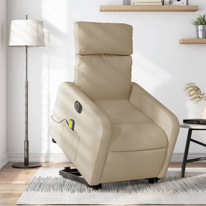 Fotoliu electric de masaj rabatabil cu ridicare, crem, textil