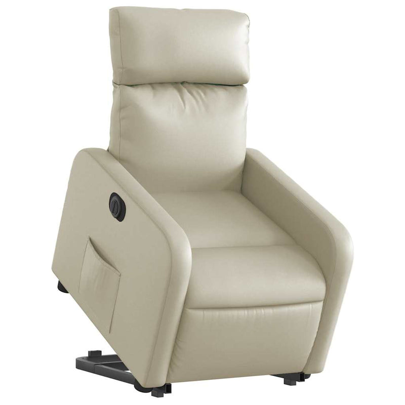Fotoliu rabatabil electric cu ridicare, crem, piele ecologică