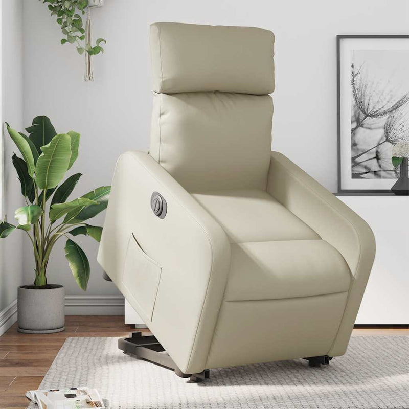 Fotoliu rabatabil electric cu ridicare, crem, piele ecologică