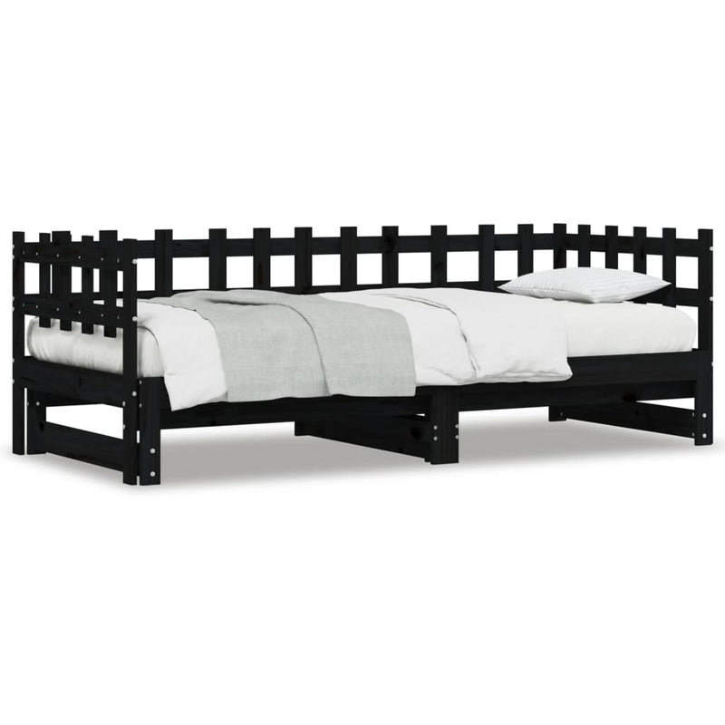 Pat de zi extensibil, negru, 2x(80x200) cm, lemn masiv de pin