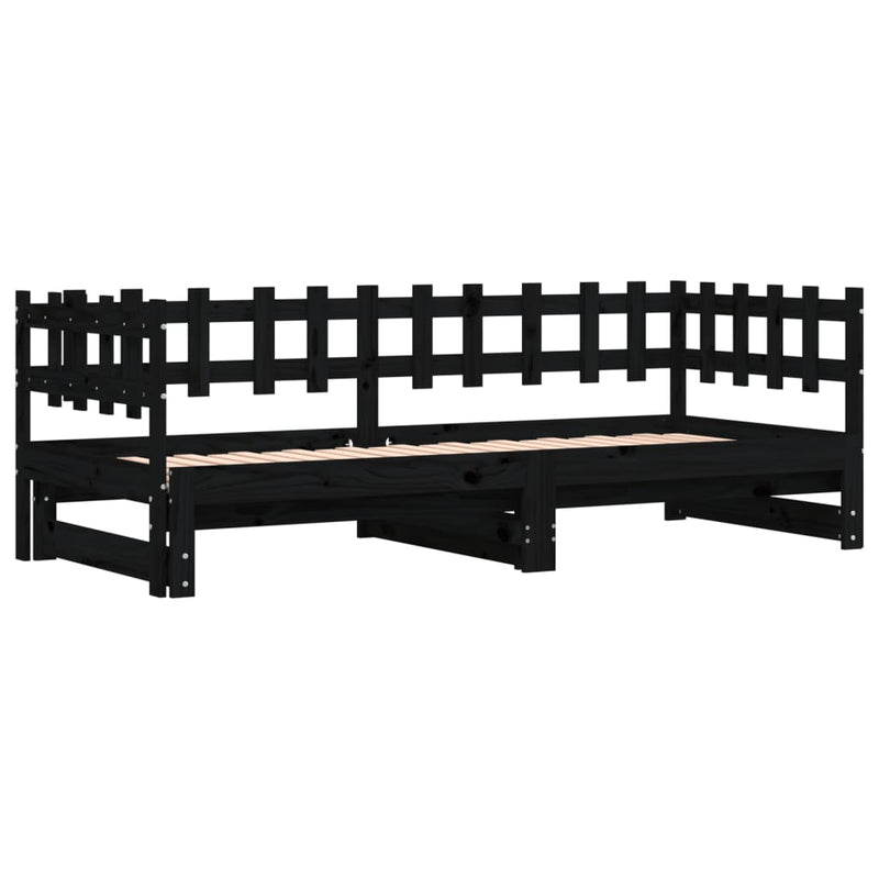 Pat de zi extensibil, negru, 2x(80x200) cm, lemn masiv de pin