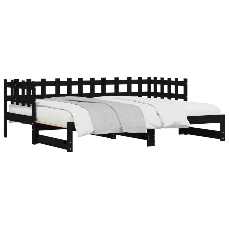Pat de zi extensibil, negru, 2x(80x200) cm, lemn masiv de pin
