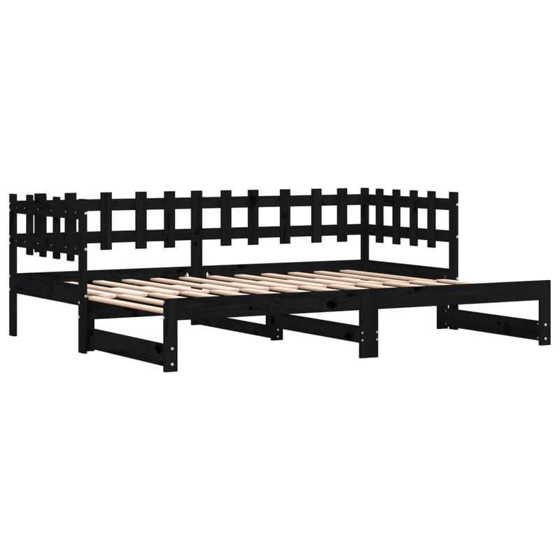 Pat de zi extensibil, negru, 2x(80x200) cm, lemn masiv de pin