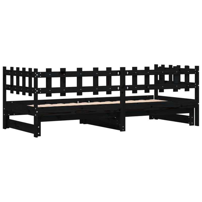 Pat de zi extensibil, negru, 2x(80x200) cm, lemn masiv de pin