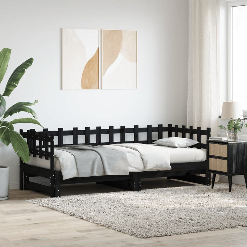 Pat de zi extensibil, negru, 2x(80x200) cm, lemn masiv de pin