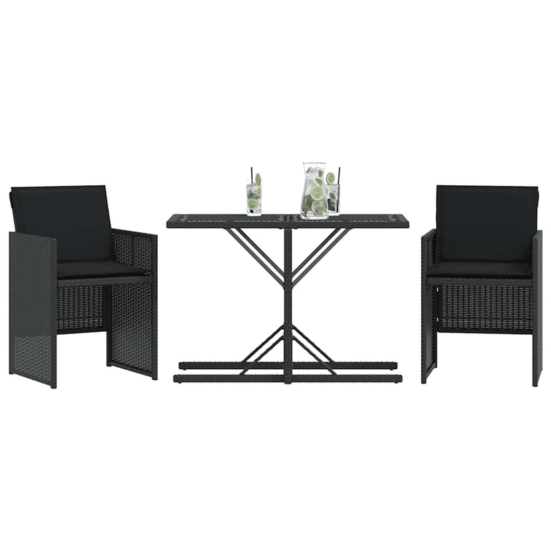 Set bistro cu perne, 3 piese, negru, poliratan