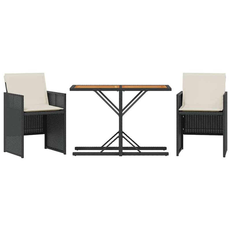 Set bistro cu perne, 3 piese, negru, poliratan