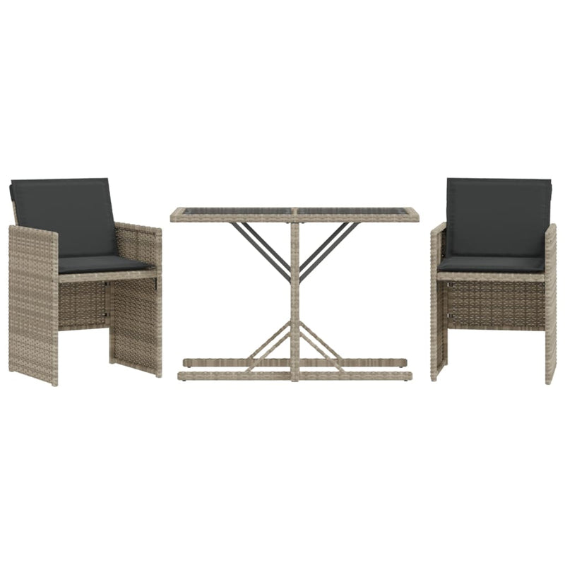 Set bistro cu perne, 3 piese, gri deschis, poliratan