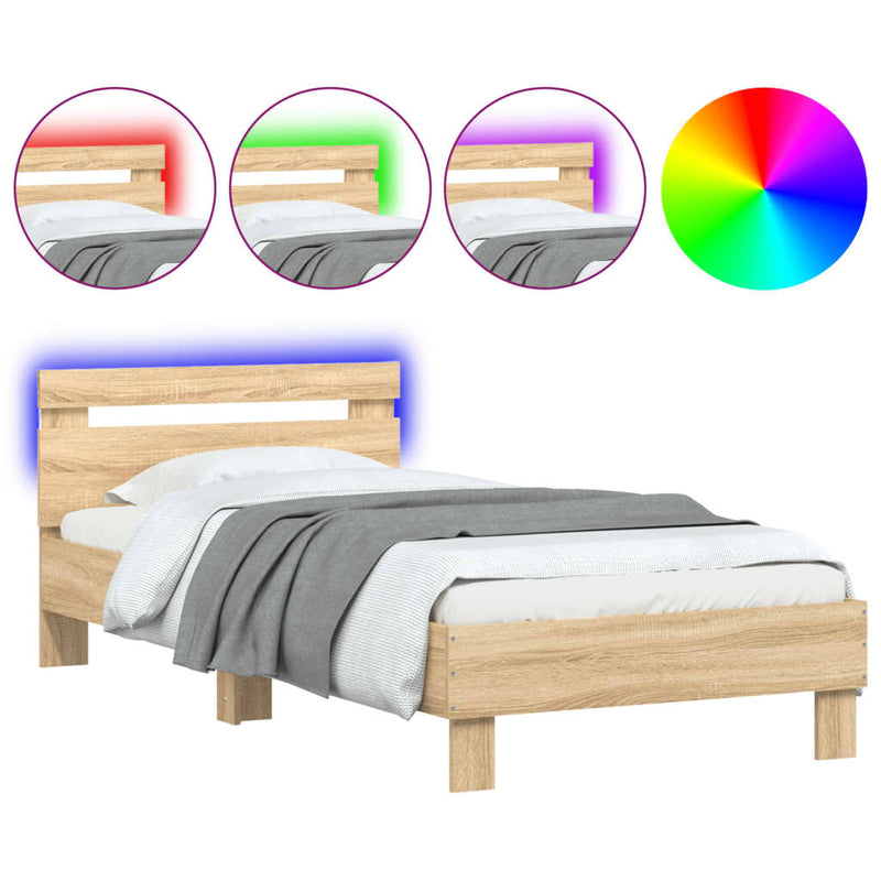 Cadru de pat cu tăblie și lumini LED, stejar sonoma, 75x190 cm