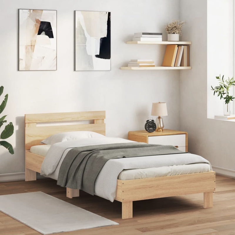 Cadru de pat cu tăblie și lumini LED, stejar sonoma, 75x190 cm