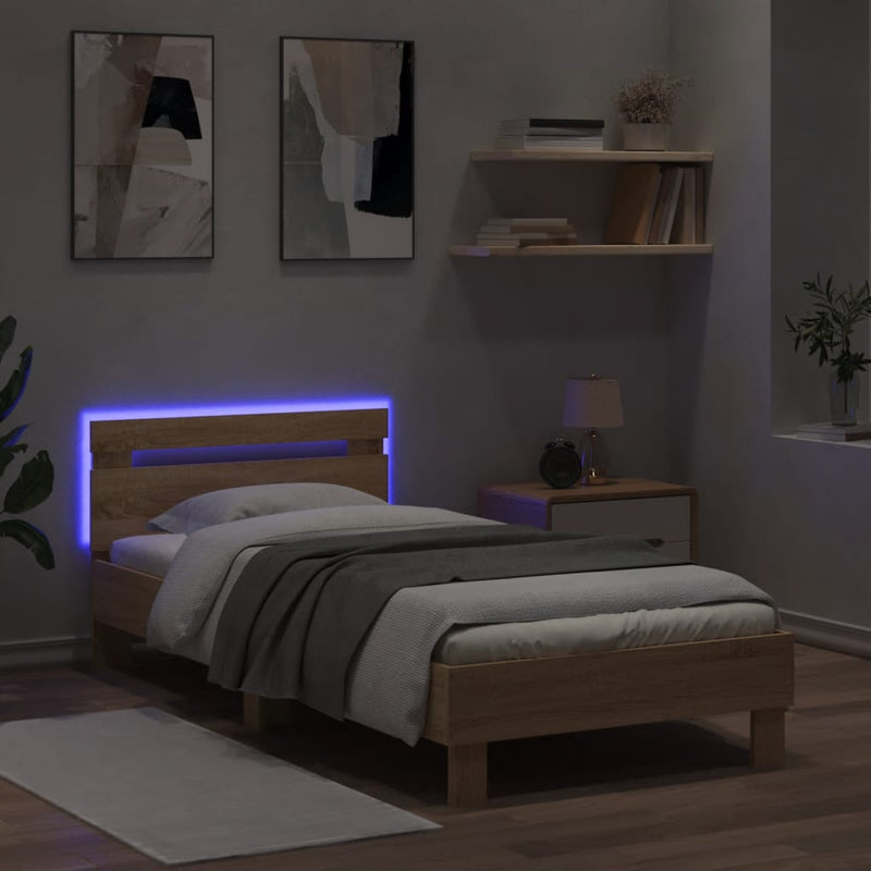 Cadru de pat cu tăblie și lumini LED, stejar sonoma, 75x190 cm