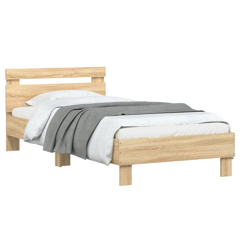 Cadru de pat cu tăblie și lumini LED, stejar sonoma, 75x190 cm