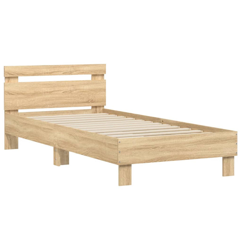Cadru de pat cu tăblie și lumini LED, stejar sonoma, 75x190 cm