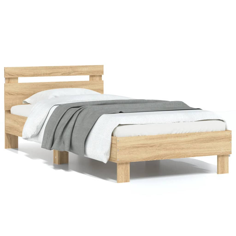 Cadru de pat cu tăblie și lumini LED, stejar sonoma, 75x190 cm