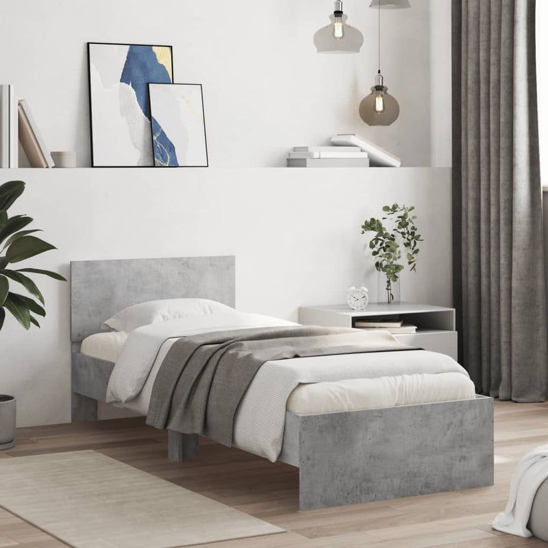 Cadru de pat cu tăblie și lumini LED, gri beton, 90x200 cm