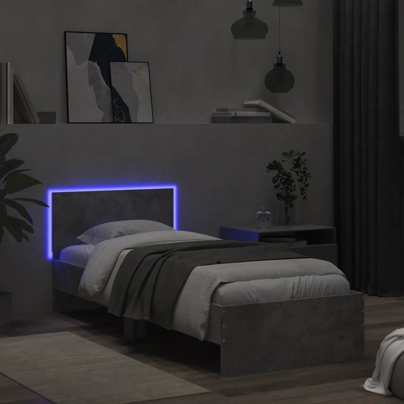 Cadru de pat cu tăblie și lumini LED, gri beton, 90x200 cm